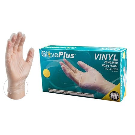 GlovePlus Vinyl Disposable Gloves Clear Powdered 100 pk