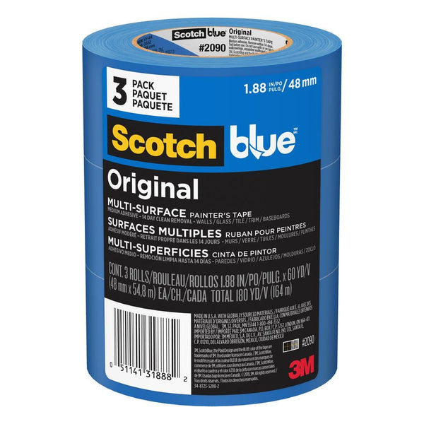 3M Scotch Painters Masking Tape, 2 inch x 60 yards, 3 inch Core, Blue, 3/Pack