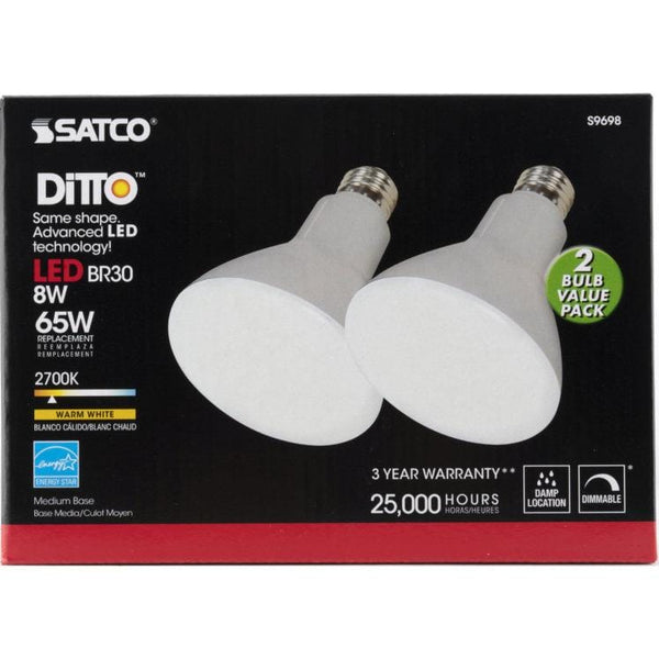 SATCO NUVO 8W BR30 LED Medium Base 2700K 105 Degree Beam Spread 120V 2-Pack (S9698)